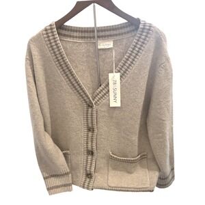 78 SUNNY Beige Plaid Trim V Neck Button Front Cardigan Sweater Women's Size‎ L